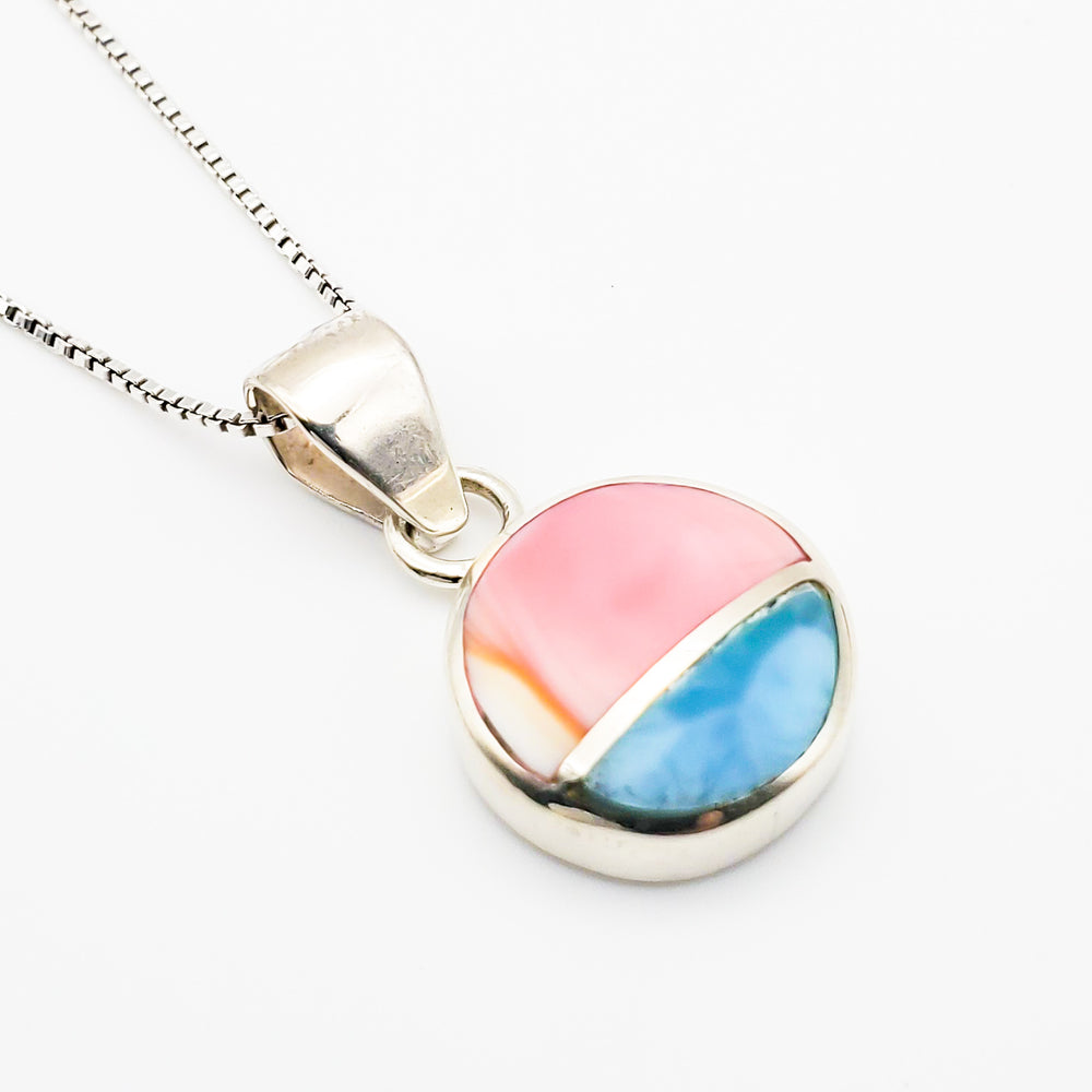 Round Larimar and Pink Coral Pendant, Chelsea