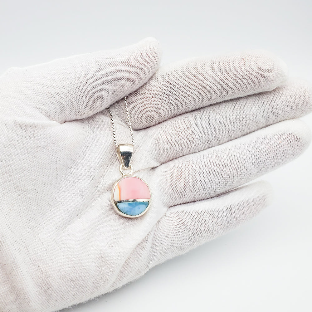 Round Larimar and Pink Coral Pendant, Chelsea